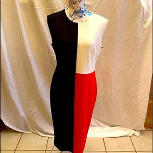 Vince Camuto size 6 fitted sleeveless midi elegant black red & white color block